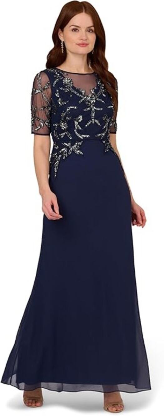 Adrianna Papell Beaded Jewel Chiffon Floral Embellished Long Dress Navy 10 NWT